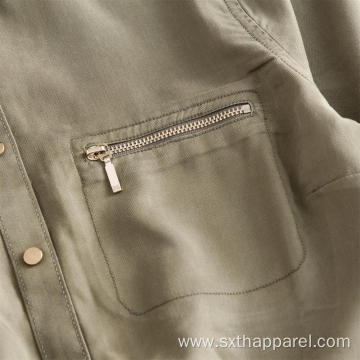 Army Green Sleeves Adjustable Tencel Shirts